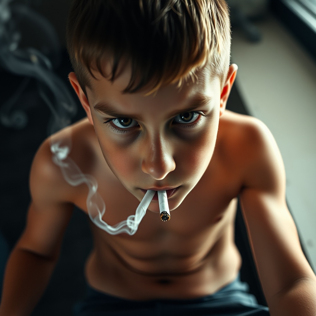 AI generated image by FLUX.1-schnell: Very Low angle shot of a Beautiful Young clever Boy 7-year-old elementary school boy with beautiful eyes Smoking a cigarette with hot white smoke coming out of the cigarette. Visible 6 pack abs and strong pectoral muscles. Boy looking downward directly at the camera with a mischievous clever expression on his face, Filmed from his abdominal muscles and up Visible 6 pack abs and pectoral muscles showing, with 6 pack abs and defined pectoral muscles visible. Short haircut. low angle shot