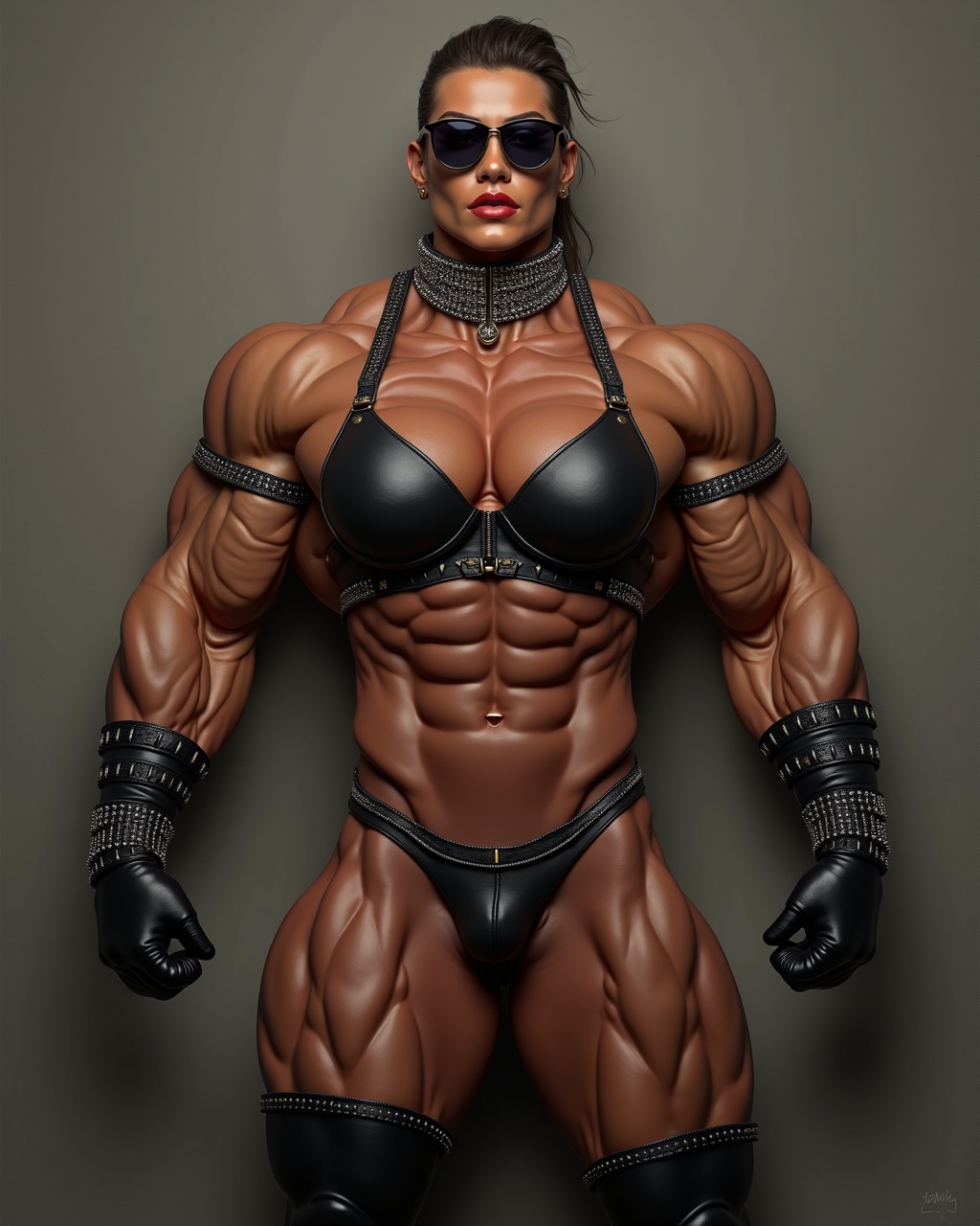 AI generated image by FLUX.1: 16K high-quality and hyper detailed 3D Computer Generated Oil Painting Hyper-Masterpiece of a two meters tall androgynous brawny bodybuilding body beast stunning gorgeous barbie babe with an anabolic-androgenic steroids pumped up x-shape meso-endomorph monsterous muscle-bound hardbody physique like highly muscular, shredded figure, extremely lean, perfect defined muscles, chiseled abs, shapely hips, massive muscle separation, zero body fat, extreme vascularity, a shredded sculpted and snatched beastly upper abs plus a flattest shredded sculpted and snatched beastly v-cut abs belly plus anabolic-androgenic steroids incredibly biggest pumped up gigantic busty breasts enlarged with 3000cc plump silicone implants with large teats and an anabolic-androgenic steroids incredibly impressive Bubble butt enlarged with plump silicone implants. She wears wrists with crystal clear rhinestones like six-row bracelets, a neck with crystal clear rhinestones like a seven-row choker, upper arms straps with crystal clear rhinestones like five-row bracelets wearing additionally a black leather bra, a black leather extremely tightest, extremely narrow laced corset around the thinnest wasp-waist, a black leather jockstrap with four black leather garter straps attached with sensual black nylon stockings, black leather thigh-long over-the-knee pleaser platform block boots with eight inches thickest block soles, black leather lower arms long gloves with black leather covered full fingers and black leather covered full thumbs plus a black eyeglass frame with clear lenses. It has a symmetrical, well-proportioned long-sized rectangular-shaped, hottest makeupped chiseled look skin fatless slim defined particularly most perfect, most pronounced, most prominent stunning gorgeous tempting androgynous-like hermaphrodite face with a particularly most perfect, most pronounced, most prominent broad, boxy forehead with particularly most perfect, most pronounced, most prominent supersized large, navy blue, very slanted focused pressed together furious expressive upturned angle upwards, sharp slit monolid six-centimeters-wide hooded eyes plus particularly most perfect, most pronounced, most prominent high-arched thickest swollen neanderthal brow ridges with wrinkles between the at an angle of forty-five degrees upturned angle upwards straight black eyebrows and long, curled false long black eyelashes plus particularly most prominent, most perfect, most pronounced, most furious nastiest look plus broadest, longest particularly most perfect, most pronounced, most prominent nasal bone and bridge of straight nose runs into a particularly most perfect, most pronounced, most prominent sharp pointed nose with widest, flared inflated nostrils in anger plus particularly most perfect, most pronounced, most prominent extreme high pointed cheekbones with leanest cheeks-fat plus a particularly most perfect, most pronounced, most prominent widest mouth with supersized very full, soft-looking voluptuous sensual Bordeaux-red siliconelike upper luscious lip and soft-looking voluptuous sensual Bordeaux-red siliconelike lower luscious lip, between which shine white, perfectly formed teeth in the upper jaw´s teeth and in the lower jaw´s teeth appear, which shows a particularly most prominent, most perfect, most pronounced, most gorgeous, most mind-blowing, most seductive, most cheekiest and most mischievously, brightest, captivating, evilest teeth smirk in nastiest, gloatingly, most cheekiest, plus strongest, sharpest defined strong lower square-shaped masculine jawline with corners and edges with particularly most perfect, most pronounced, most prominent sharply cut angular jaw angles and particularly most perfect, most pronounced, most prominent long and strong lower jaw branch with particularly most perfect, most pronounced, most prominent distinctive broadest sharpest square-shaped angular flat chin with particularly most perfect, most pronounced, most prominent ears and a straw-colored blonde strictly smooth classic ponytail.