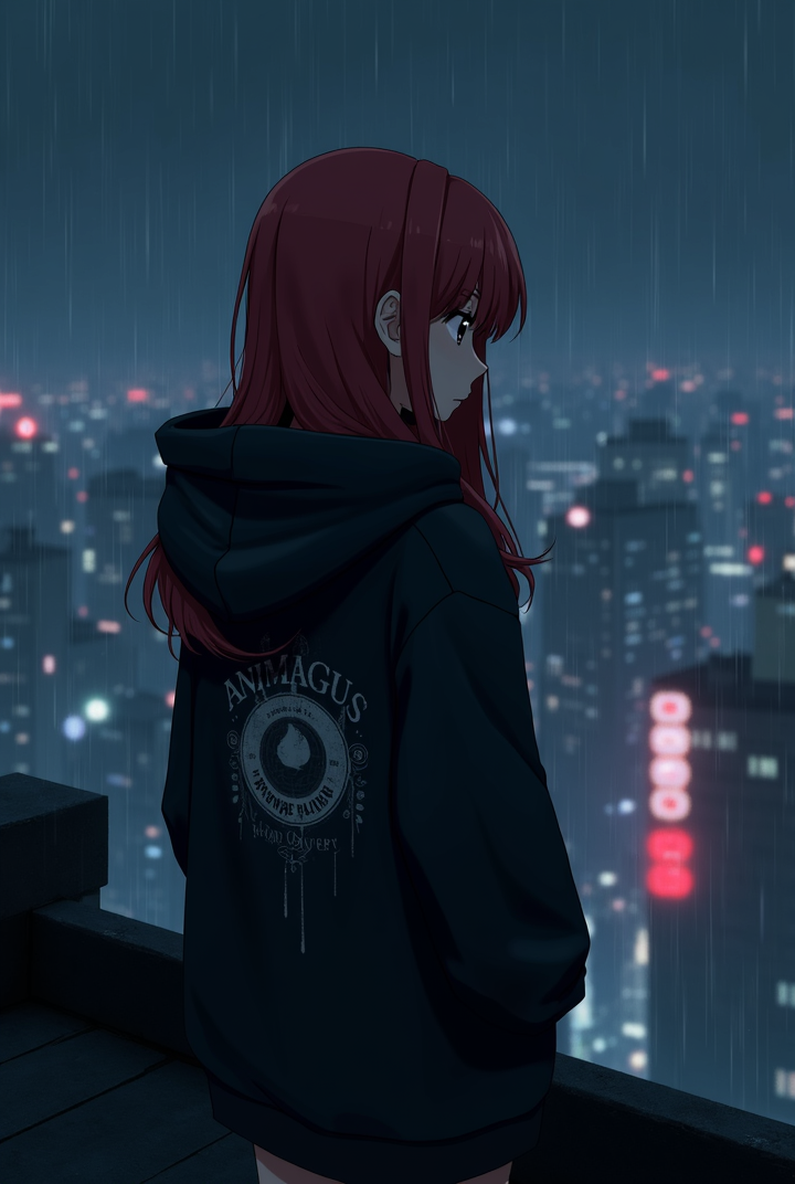 AI generated image by FLUX.1: PromptGen
Custom Gem
No problem, here's a shorter variation of the previous prompt:

A gloomy anime girl with long, red hair, her face partially hidden by an oversized dark hoodie with a faded 'Animagus' print on the back. She's standing on a rooftop overlooking a vast, rain-slicked night city, its neon lights reflecting dimly below. The mood is atmospheric and melancholic. Art style: dark anime with strong shadows and realistic lighting.