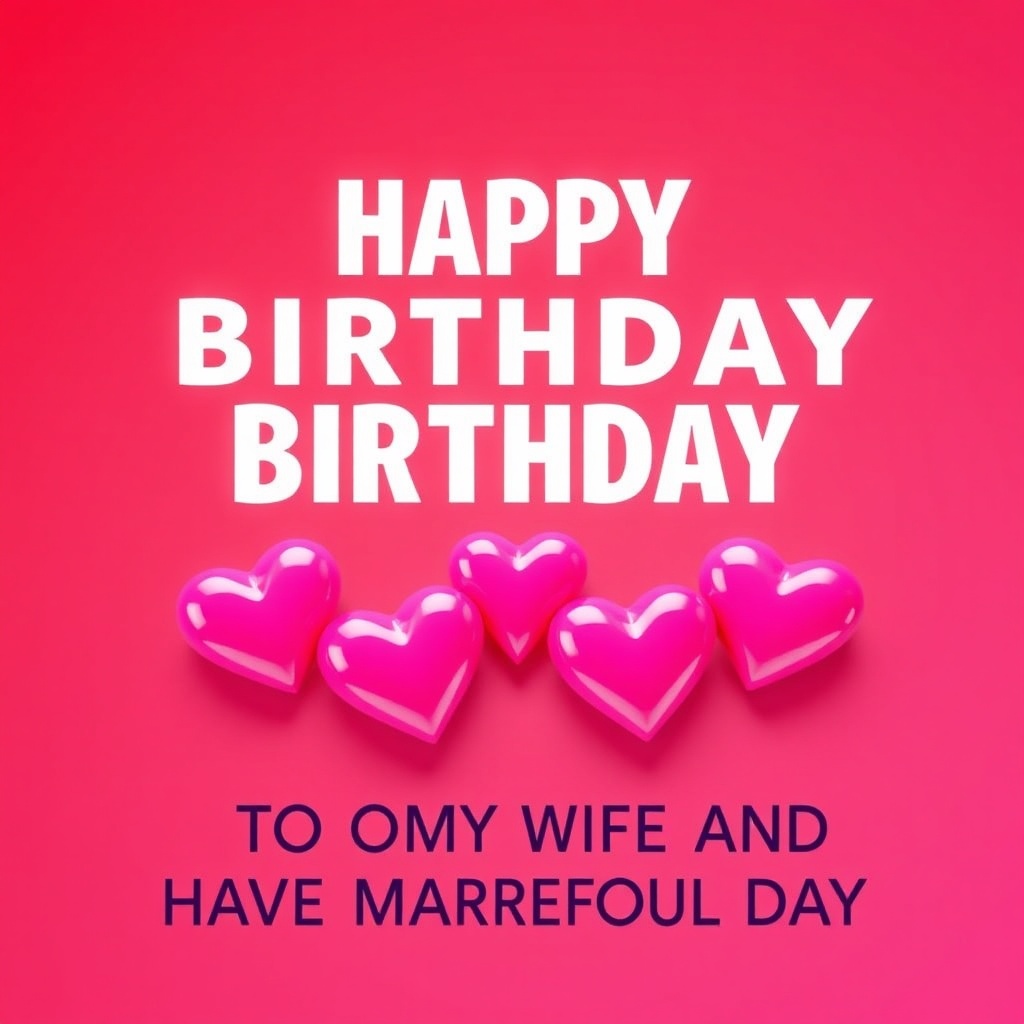 AI generated image by FLUX.1-schnell: This image is a digital graphic with a vibrant, gradient background transitioning from deep red at the top to a lighter pink at the bottom. Centered are seven glossy, 3D hearts in various shades of pink, arranged in a semi-circle. Above them, the words "HAPPY BIRTHDAY" are prominently displayed in bold, white, capital letters. Below, the text "TO MY WIFE AND HAVE A MARVELOUS DAY" is also in white, capital letters. The overall style is modern and celebratory, with a shiny, almost plastic-like texture on the hearts, emphasizing a cheerful and romantic tone.