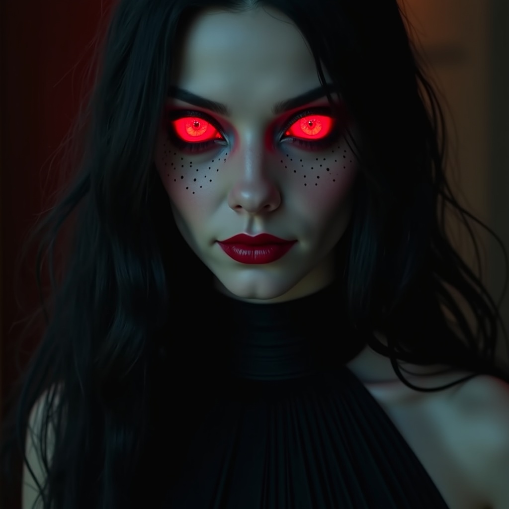 AI generated image by FLUX.1-image-to-image: A sinister woman with unnaturally pale, flawless skin and fully red, glowing eyes that emit an intense demonic radiance. The red glow from her eyes subtly illuminates parts of her face, casting eerie crimson reflections on her cheeks and under her eyes. Her long, jet-black hair cascades past her shoulders, framing her haunting expression. She wears an elegant, completely black dress that merges into the dark background. Her lips curl into a subtle yet malevolent smirk. The atmosphere is dark and mysterious, with soft ambient lighting enhancing the ominous presence of the woman. The red glow interacts with the shadows, creating a haunting, cinematic effect.