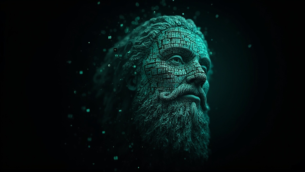 AI generated image by FLUX-Realism-Lora: Leonardo DaVinci's face as a digital mask made from thousands of turquoise numbers and formulas forming his face. the formulas and numbers fly behind the mask leaving a trail of complexity. the mask is floating dynamically in mid air. his head is turned to the right but his eyes are looking directly into the camera. the mask is on a black background.  like a png with black only background. photo realistic, sci-fy