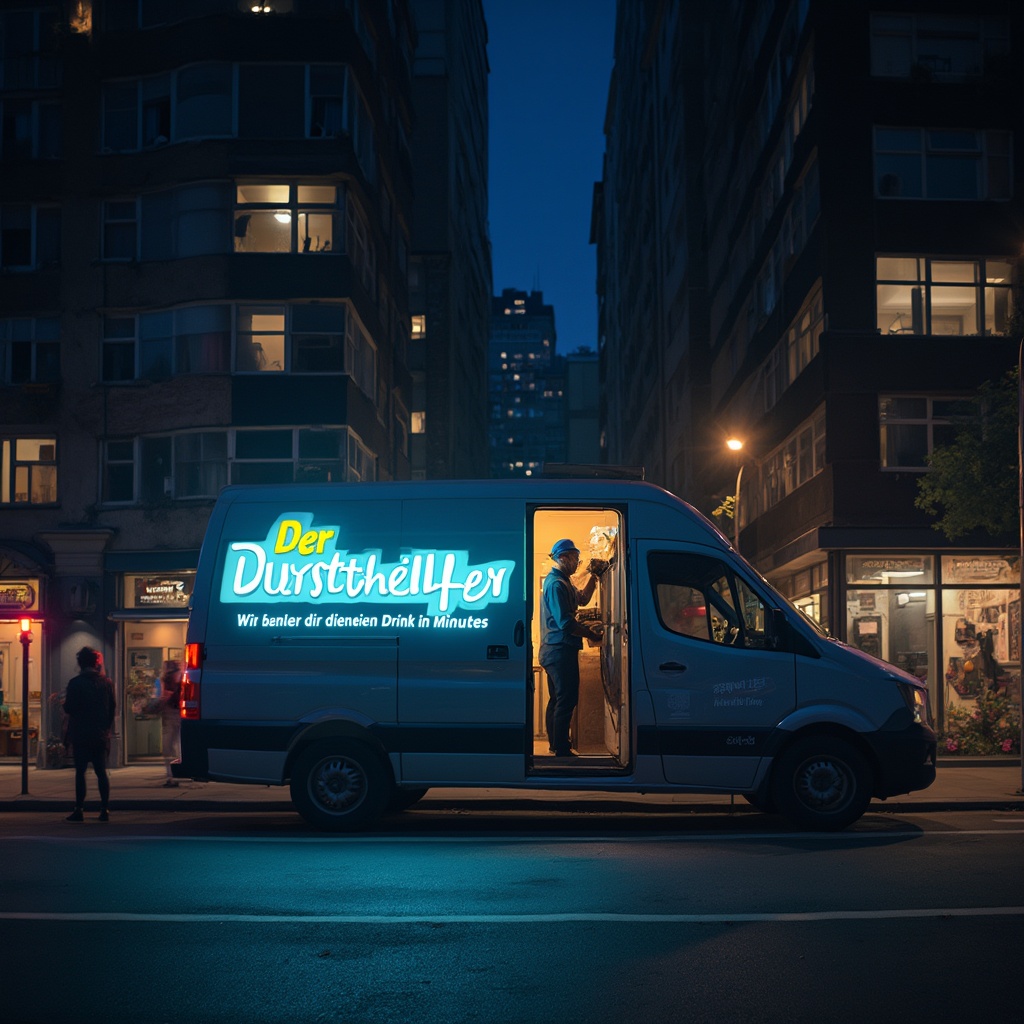 AI generated image by FLUX-Realism-Lora: A modern city street at night with a 'Dursthelfer' delivery van parked outside a well-lit apartment building. The van has a vibrant 'Der Dursthelfer' logo on it, and the delivery driver is holding a crate of beer, illuminated by the van's soft blue lights. The scene feels urban and convenient, suggesting fast delivery for late-night needs. The tagline reads: 'Durst? Wir bringen dir deinen Drink in Minuten – Dursthelfer.