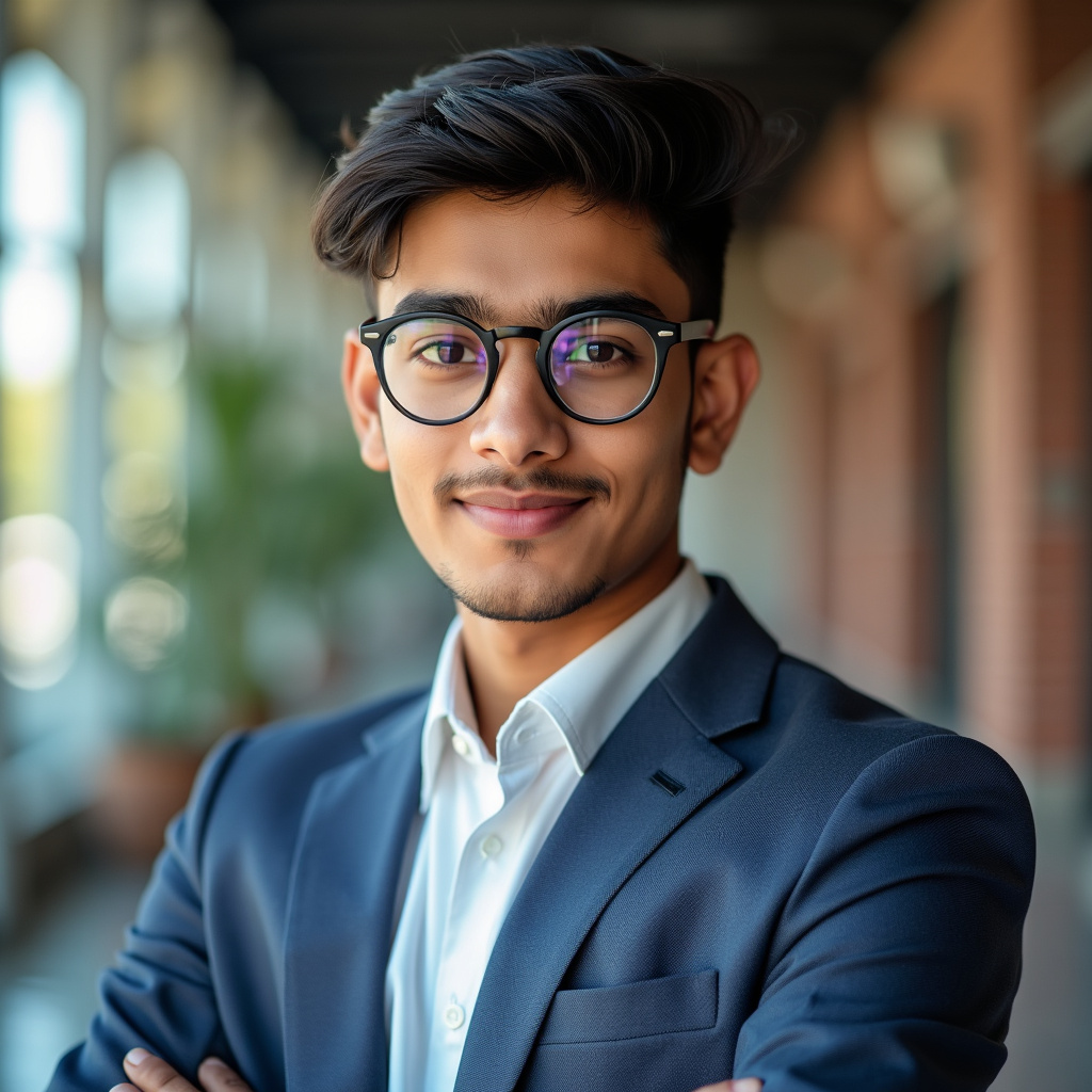 AI generated image by FLUX.1-pro: 21 years old indian boy with fair skin wearing spectacles and narrow body posing for a linkedin picture in formal