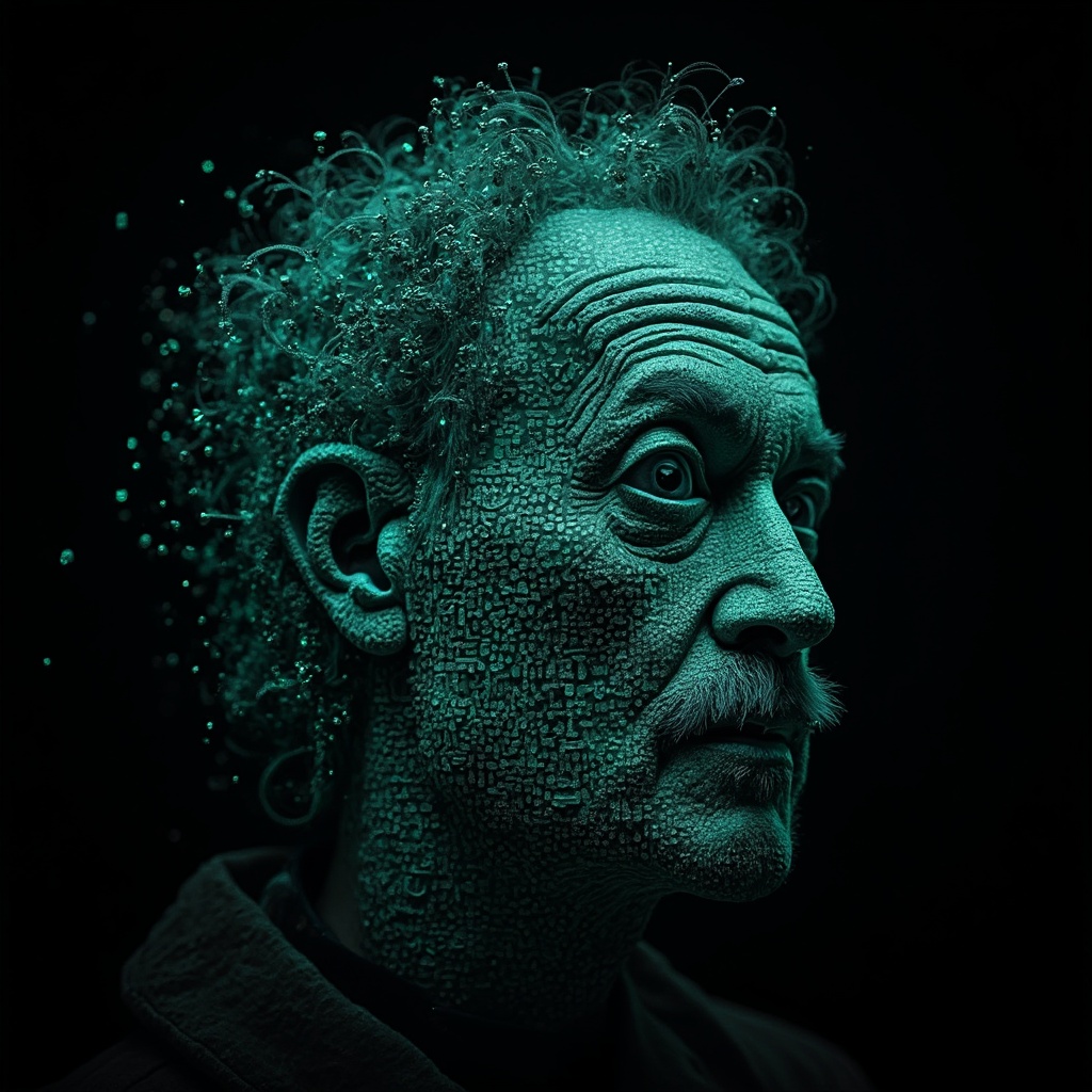 AI generated image by FLUX-Realism-Lora: Richard Feynman's face as a digital mask made from thousands of bright turquoise numbers and formulas forming his face. The formulas and numbers fly behind the mask leaving a trail of complexity. The mask is floating dynamically in mid air. His head is turned to the right but his eyes are looking directly into the camera. The mask is on a black background. Like a png with black only background. Photo realistic, sci-fy