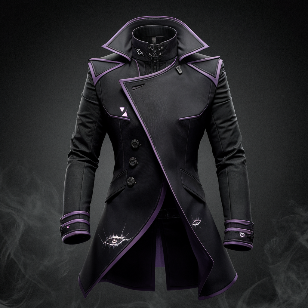 AI generated image by ideogram 2.0: Overcoat:
Color: Premium black with dark purple accents (e.g., lining, buttons, or subtle embroidery).

Design: A long, flowing overcoat with a high collar and sharp, tailored lines. The coat has a slightly asymmetrical cut, with one side longer than the other for a dramatic effect.

Details: Add subtle "Soul" prints or glowing symbols (e.g., triangles, eyes, or dragons) along the edges or inside the coat. The coat should have a smoky, shadowy texture, as if it’s blending into the darkness.