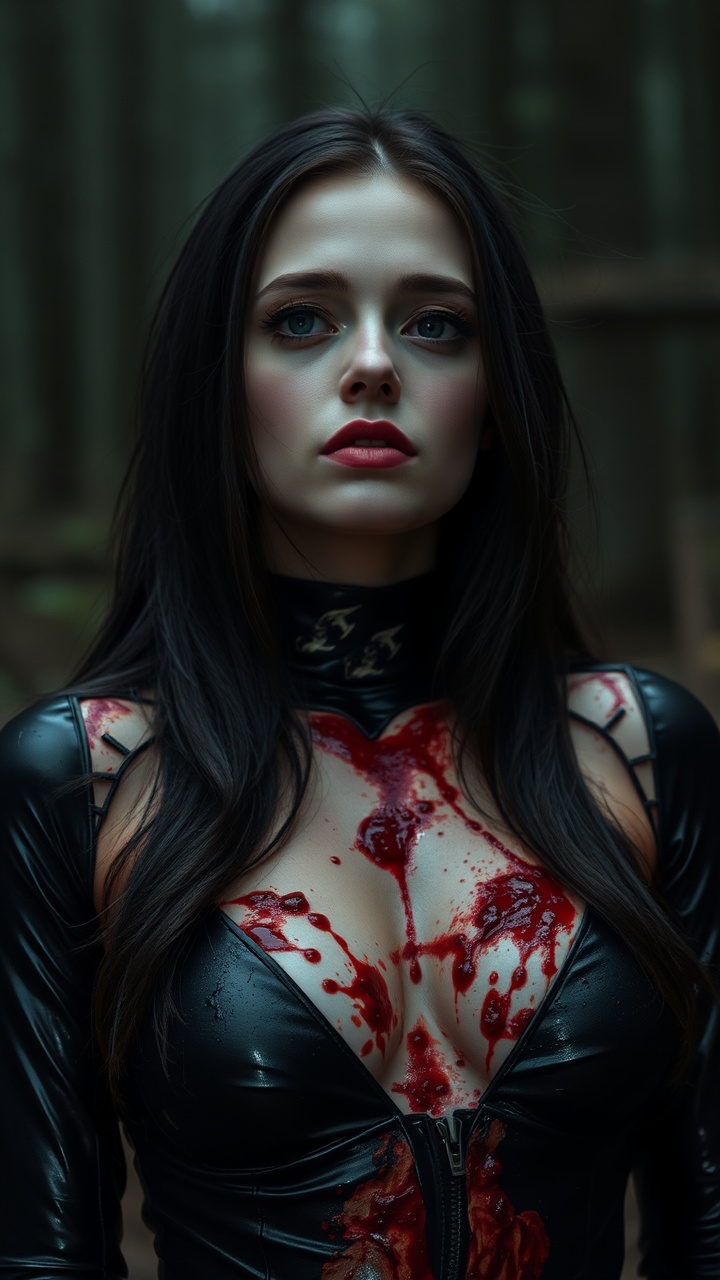 AI generated image by FLUX.1-schnell: She the most beautiful vampire girl and she is shot to dead by many enemies. Lot of details, high quality, 15k, View from far away on the vampire girl dying, Real wounds. Ultra realistic photo, Middle European girl, Perfect face, lips, mouth and whole sexy body. She is knelling wounded in the dark forest. Black tight latex suit unzipped, 21 years old, Cute face in shock of being wounded, Heart shot, hourglass body, Most beautiful female, great and perfect sexy body, Perfect face, big full lips, long legs, dark hair, nice blue eyes. She is shot in her chest by the sniper right in her heart, kill shot. Bloody wounds on her chest. Blood everywhere. Bloody bleeding wounds. Dark bloody bullet holes on her chest. She is shot 5 times in her chest. Many bloody bullet wounds on her chest. Big boobs