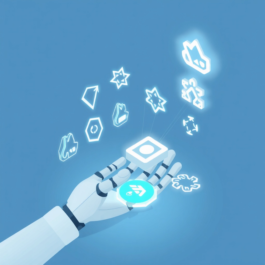 AI generated image by FLUX.1-schnell: A robotic or futuristic hand sketching and assembling multiple logo concepts made of glowing geometric shapes and holographic elements, with several unfinished and completed logo symbols floating around in midair, representing artificial intelligence designing brand identities, flat vector illustration, minimal isometric perspective, soft blue and white color palette, rounded shapes, thin outline stroke, smooth shadows, tech startup aesthetic, clean interface elements, playful yet professional tone, subtle gradients, icons8 ouch style