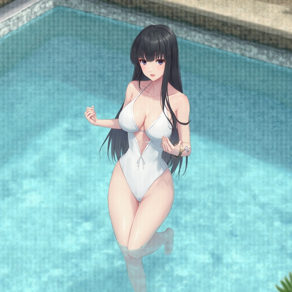 AI generated image by FLUX-Realism-Lora: 1girl,beautiful,realistic,swimsuit,solo,pool,one-piece swimsuit,lie in water,spring,hot spring,perfect figure,long hair,full body,long legs,charming pose,black hair,white one-piece swimsuit,breasts,looking at viewer,water,realistic,lips,cleavage,blurry,wading,blurry background,thigh gap,medium breasts,collarbone,cowboy shot,black eyes,standing,