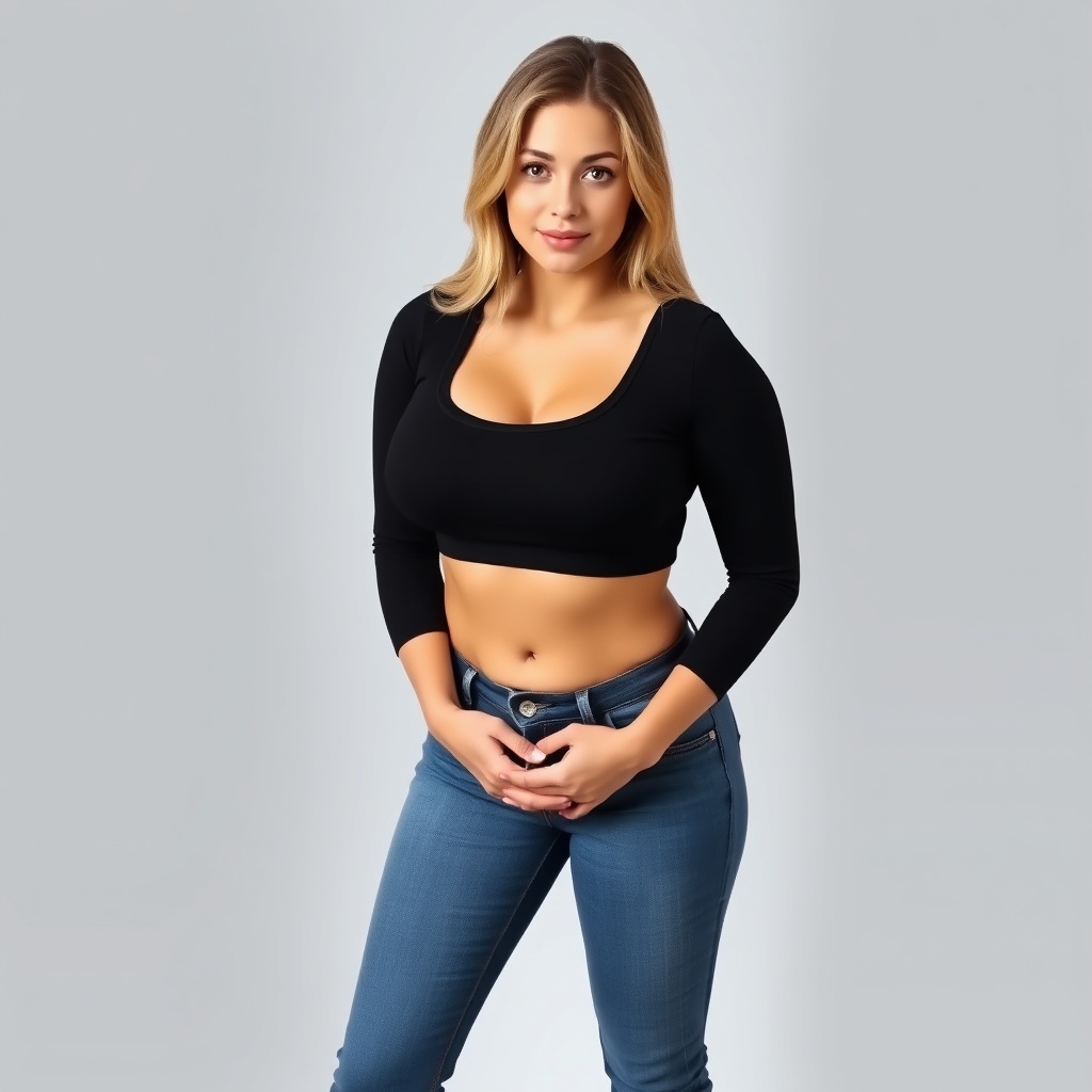AI generated image by FLUX.1-schnell: realistic digital portrait photograph of a Busty Young Female model with big round lips, Oval shaped face and brown eyes bending over with hands clasped together between her legs, reflective skin, closed smile, ((((((Buxom figure)))))), ((((huge breasts)))), Portrait, low cut scoop neck black t-shirt with long sleeves and blue jeans trousers, ((sexy)), long blonde hair, Silver background
