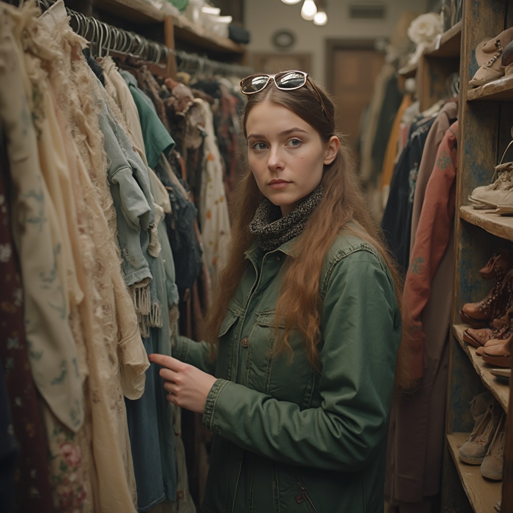 AI generated image by FLUX-Realism-Lora: Das Bild zeigt eine jungen Frau mit langen braunen Haaren, die in einem Secondhand-Laden nach Kleidung stöbert. Sie trägt eine grüne Jacke, ein dunkles Halstuch und hat eine Sonnenbrille auf dem Kopf, während sie an einer Kleiderstange links ein buntes Kleidungsstück prüfend betrachtet. Im Hintergrund sind Regale mit Taschen, Schuhen und weiterer Vintage-Kleidung zu sehen, was eine gemütliche und nostalgische Atmosphäre vermittelt.