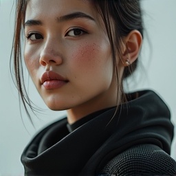 AI generated image by FLUX.1-image-to-image: PROMPT: Photorealistic Conversion
Use the uploaded image as a strict visual reference.
Create a photographic, ultra-realistic portrait of a real human woman that matches the exact pose, head angle, facial orientation, framing, and composition of the reference image. The subject must be rendered as a real person photographed with a professional camera, not an illustration. Preserve exactly: Head tilt, gaze direction, and posture, Cropping, scale, and position in frame, Clothing design, armor structure, visor shape, and equipment layout, Hairstyle length, direction, and volume. Convert all elements to real-world materials:
Skin with natural pores, fine wrinkles, subtle asymmetry, realistic subsurface scattering. Hair as individual strands with natural highlights.
Optical eye piece as real optical material (tinted glass or polycarbonate) with believable reflections and thickness. Clothing and armor as real fabrics and composites (stitched seams, wear patterns, realistic stiffness) Lighting should resemble high-end studio portrait photography with soft but directional light, natural shadow falloff, realistic contrast, and accurate color response. Use a full-frame DSLR or cinema camera look, shallow depth of field, sharp focus on the face, natural lens perspective. The final result must look indistinguishable from a real photograph of a real person wearing real tactical/futuristic gear, while remaining perfectly faithful to the reference pose and design. NEGATIVE PROMPT:Do NOT stylize, cartoonize, illustrate, or beautify unrealistically.
Avoid:CGI, 3D render look, game art, concept art, Anime, cyberpunk illustration style, painterly effects,Smooth plastic skin, waxy faces, airbrushed texture,Exaggerated facial symmetry or idealized proportions, Over-glow, neon lighting, rim-light outlines,Costume-like materials that look fake or foam-based, Changing the pose, camera angle, framing, or clothing design, Adding or removing accessories or armor details, No fantasy aesthetics. No illustration cues. No stylization.
The image must read as a real photograph first, not a game character.