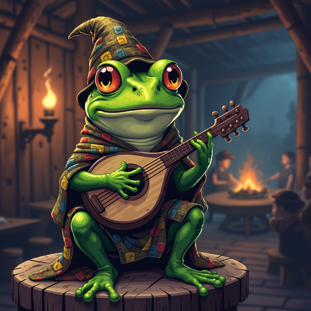 AI generated image by FLUX.1-pro: A small, comical frog bard perches confidently on a weathered wooden stool beneath the flickering torchlight of a rustic medieval tavern. Its vibrant green skin, dotted with faded battle scars, gleams softly despite the dim pixelated glow. Clad in a tattered patchwork cloak and a crooked bard’s hat with a worn feather, the frog’s wide, expressive eyes shine with mischievous wisdom and quiet resilience. A lute rests in its hands, fingers frozen mid-strum, as if caught in the middle of a heartfelt melody that echoes through the grainy pixel air. Behind it, the tavern’s pixelated timber beams creak, and scattered patrons blur into muted, blocky shapes, lost in the crackling warmth of a dying fire.

Rendered in a retro, 16-bit pixel art style, the scene is drenched in grainy textures and soft CRT scan lines, with subtle pixel bloom highlighting the lute’s strings and the bard’s breath in the chilly night air. The palette is limited yet vibrant — a nostalgic homage to classic SNES-era fantasy RPGs. This frog bard is both a humorous companion and a steadfast storyteller — a pixelated relic of an age when every note and every pixel carried weight. Quirky. Loyal. Unforgettable.