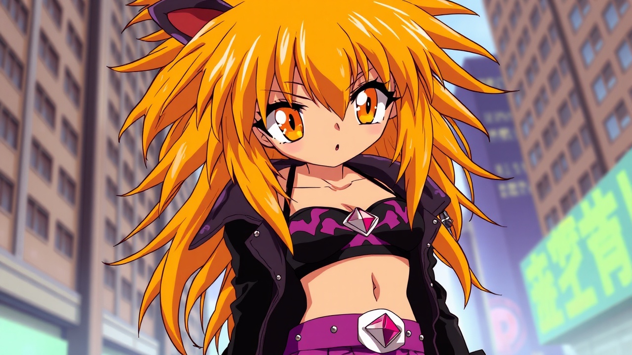 AI generated image by FLUX.1-schnell: 
Go back
anime art by ryuichi makino, as gaogaigar character, 1997 anime style tv show screencap screenshot, golden orange eyes, big cartoonish eyes, golden yellow orange fallen grungy messy hair, big lionhair style, long messy spiky hair fringe bangs, tanned skin, purple black leather jacket, purple black leather pants, studded pink belt, black sport bra with pink and white designs, fit attractive femenine body with few muscular abs, woman, pink gem navel piercing, big femenine chest, city background, talking to you