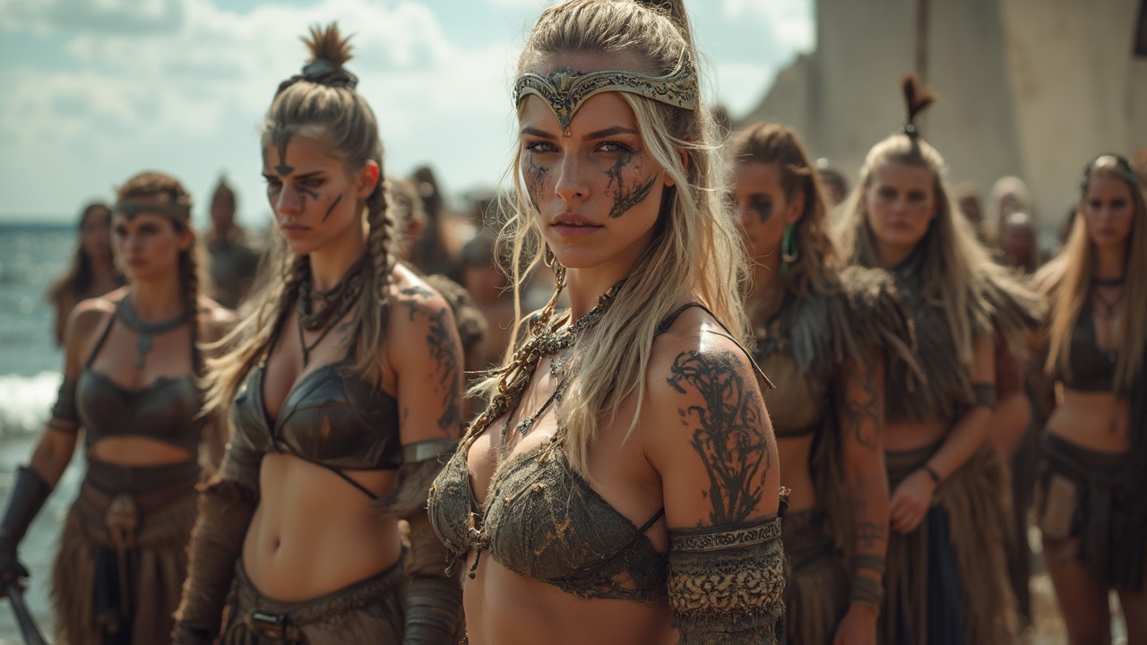 AI generated image by FLUX-Realism-Lora: beautiful groups of Viking women in fur bikinis and armor preparing for battle standing in front of their ship. Full body image, high detail, extreme detail, photo realism, very revealing clothing, large chest and rear ends, tone and fit, war paint on their faces, looking towards the viewer or camera