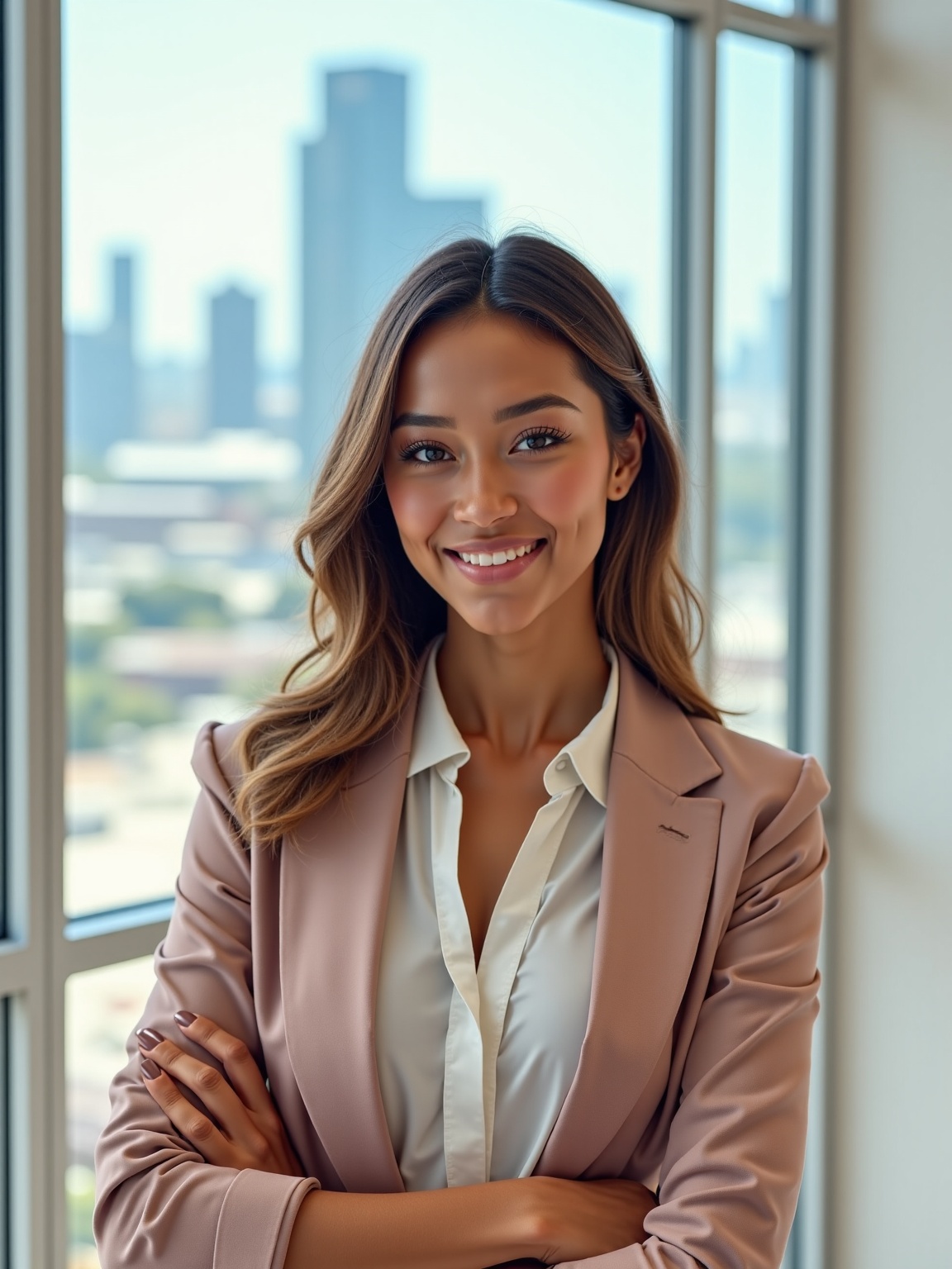 AI generated image by FLUX.1-image-to-image: A hyperrealistic image of a woman wearing a blue bazer and white business style blouse and pants . The woman is standing in her office, looking directly at the viewer with a happy and serene expression. The background is a sleek, minimalist modern office with a huge window showing the city.