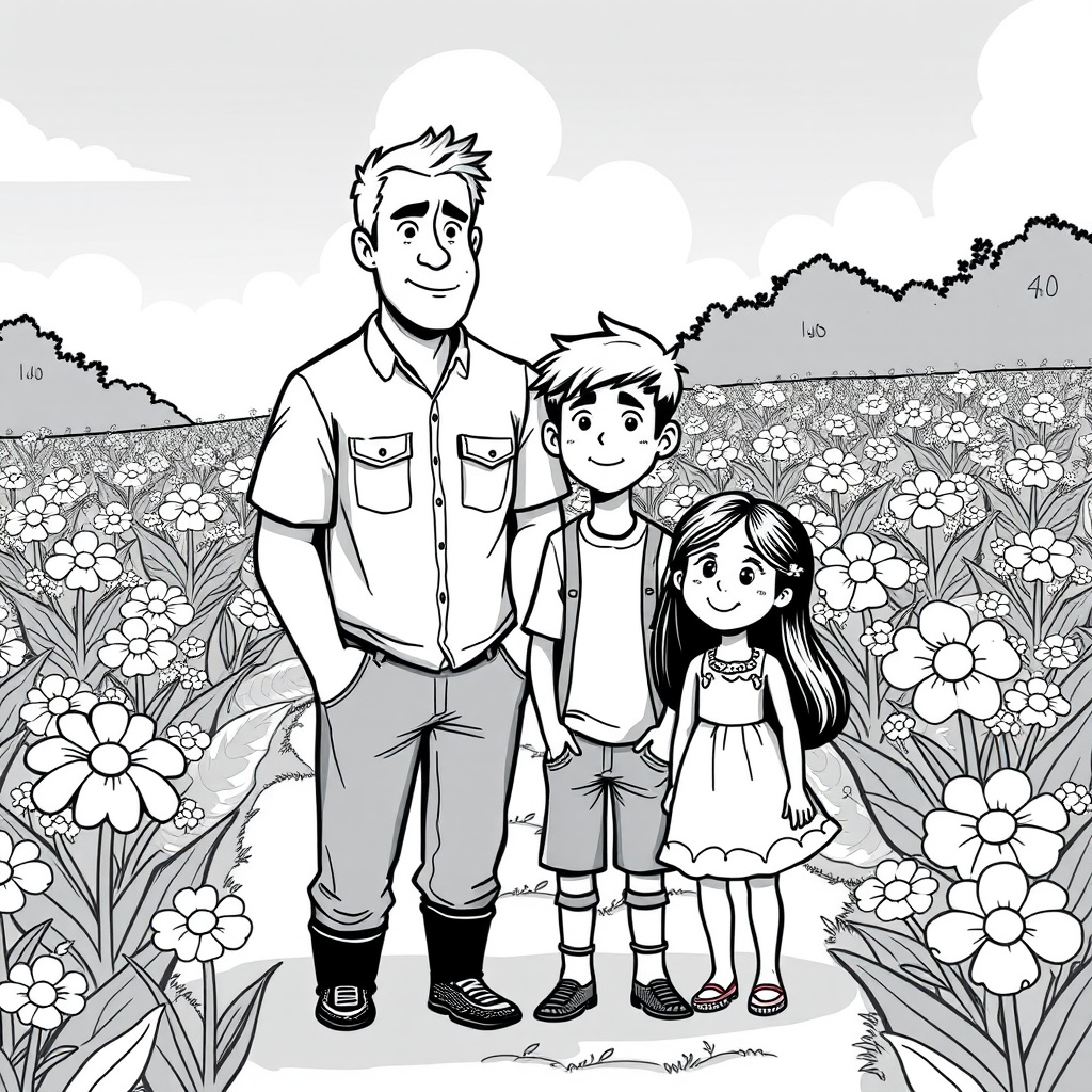 AI generated image by FLUX.1-schnell: cartoon in black and white. 40 year old man, 40 year old woman, teenage boy, and a 8 year old girl, standing in the middle of a flower farm. 