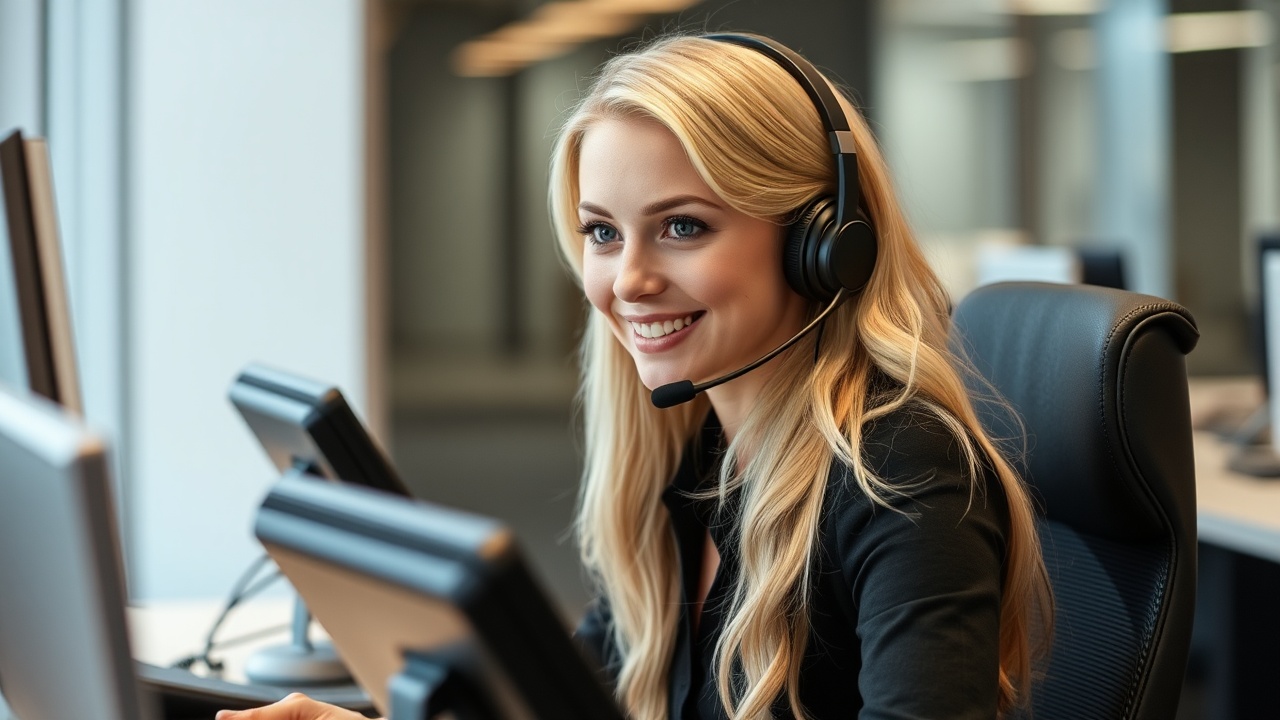 AI generated image by FLUX.1-schnell: blonde call center agent wearing a headset with 5 phones ringing on her desk