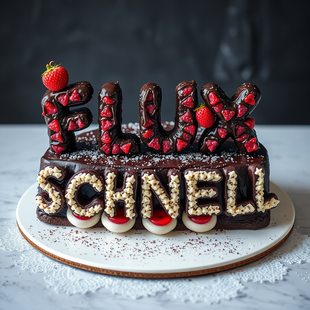 AI generated image by FLUX.1-schnell: black forest gateau cake spelling out the words "FLUX SCHNELL", tasty, food photography, dynamic shot