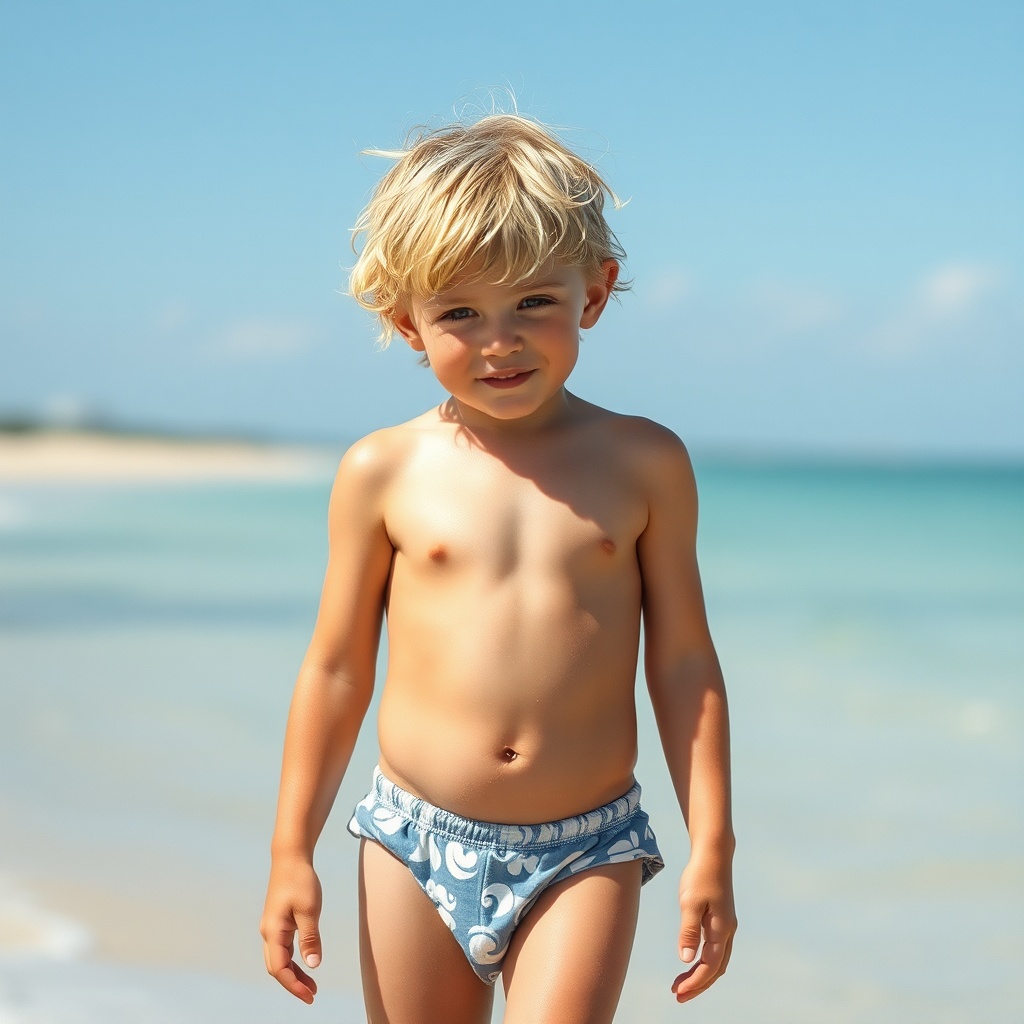AI generated image by FLUX.1-schnell: garçon de six ans blond en tanga de bain sur la plage