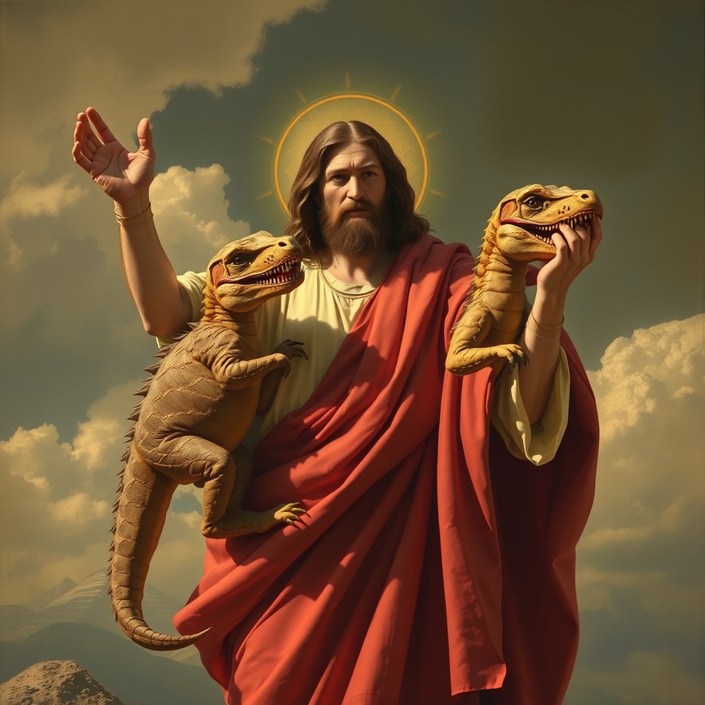 AI generated image by FLUX.1-schnell: Jesus Christ with Dino in his arms



