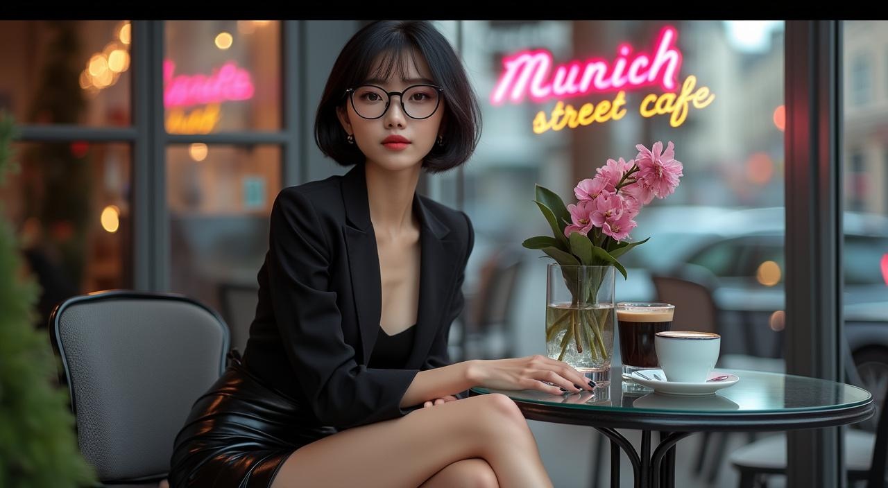 AI generated image by FLUX.1-pro: fotorealistic, 4k: a beautiful asian woman with short black hair in sidecut hairstyle, she is 30 years old, she has dark eyeshadows, she is wearing glasses with thin black frame, she is wearing a closed black blazer, nothing underneath, a black leather mini skirt and black pumps, she sitting on a glasstable beside the window display of a luxury street cafe in munich, gray interieur and glasstables, a pink flower on her table in a glasscan, a cup of coffee standing in front of her, neon advertising on the wall, text: "Munich street cafe". ultradetailed