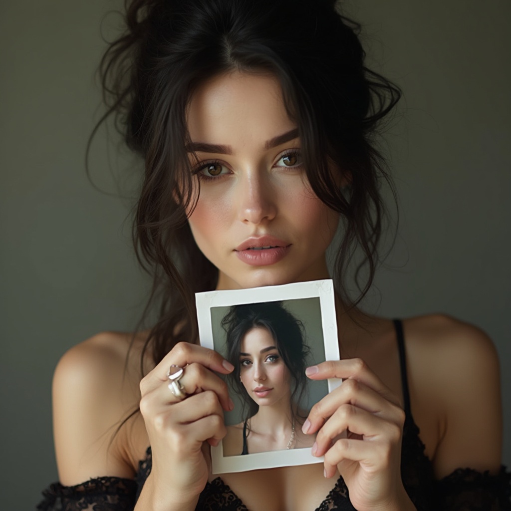 AI generated image by FLUX-Realism-Lora: a woman holding a photo of herself, highly detailed photography, photorealistic, (photograph, RAW, 8k, High resolution, highly detailed, realistic:1.2), (skin pores:0.3), (pale skin:0.3), (Petite:0.2), dark messy hair, 30 year old woman, sexy, gorgeous, cute, blushing, beautiful, eye contact, full body shot