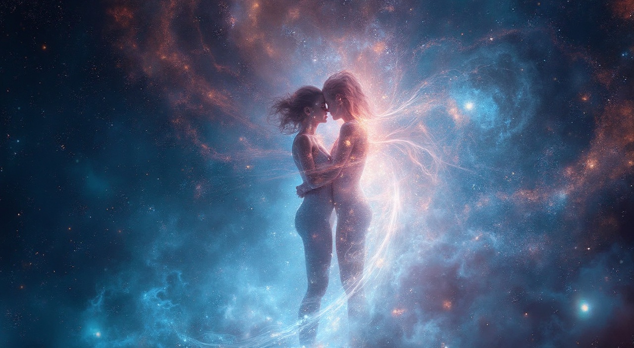 AI generated image by FLUX-Realism-Lora: a beautiful ethereal and colorful image of a man and a woman in the nude in an energetic form and shape, their bodies are composed of pure light, they face each other in deep space surrounded by stars, nebulas, energy waves of different colors, they embrace each other and their white  aura of  light becomes one large aura that surrounds the outside of their bodies, from the white aura there are beautiful and colorufl rays of light shooting outward  in to space, their bodies come together and their lips touch in a kiss