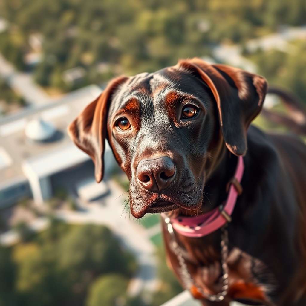 AI generated image by FLUX.1-schnell: A chocolate lab in flying over ‎Apple Infinite Loop campus,  while looking with soulful eyes. The pink collar should have KoKo prominenly written & visible on the collar.