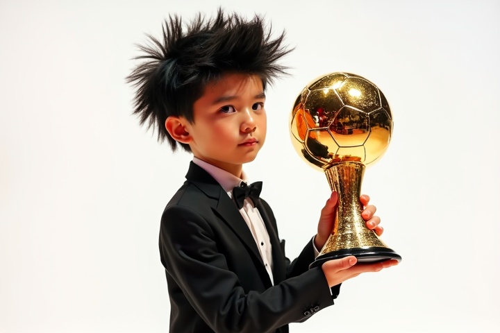 AI generated image by FLUX.1-image-to-image: This Ballon d'Or is being held by a 16-year-old boy, 170 cm tall, with black spiky hair, in his right hand at a ceremony, wearing a black suit.