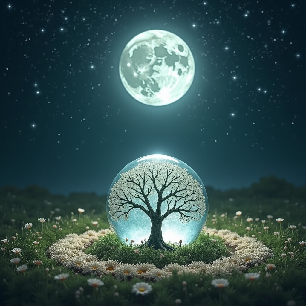 AI generated image by FLUX.1: The tree of life symbol etched into an ancient crystal orb at the center of a magical circle made from flowers and herbs, with a full moon rising majestically above, casting its silvery glow over the scene. The orb seems to absorb the moonlight, emanating an ethereal aura that dances with the starlit sky. Constellations form intricate patterns above, weaving ancient tales of the中秋节, as the night sky becomes a celestial canvas painted with the softest of lights. The color scheme is mystical and nature-infused, with ethereal whites and greens that shimmer in the moon's embrace, accented by hints of silver that mirror the moon's own radiance. The camera captures a wide shot to encompass both the ground elements, rich with the scent of flowers and the earthy tones of the magical circle, and the expansive night sky, where the moon takes center stage, celebrating the中秋节 with its luminous presence. High definition captures every detail, from the delicate petals of the flowers to the shimmering stars, creating a scene that is both otherworldly and deeply connected to the natural world, a perfect tribute to the中秋节's timeless tradition.
