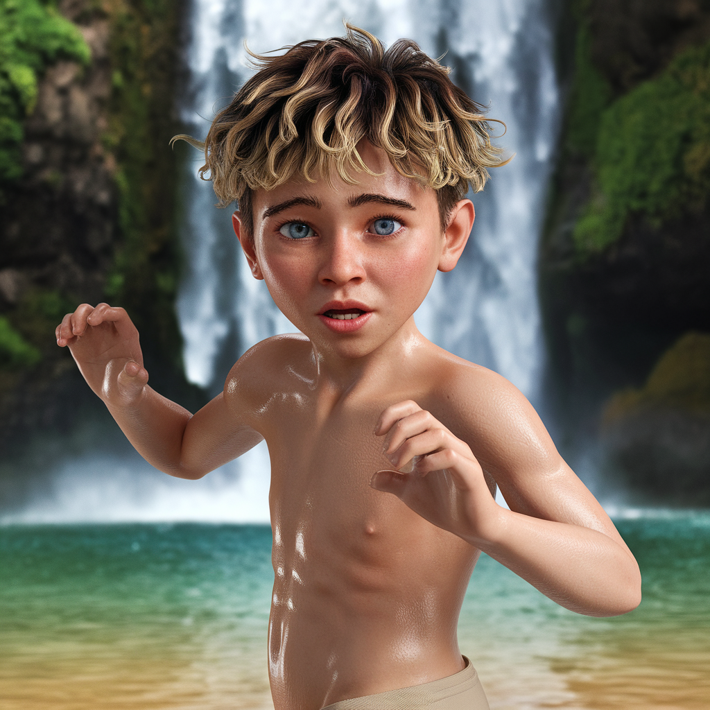 AI generated image by ideogram 2.0: realistic rough skin, soft lighting, side full bodyshot of a 11 year old very skinny startled dancing indonesian naked boy, with wet curly styled faux hawk brown hair with blonde highlights, with bright blue eyes, standing on paradise beach waterfall, wearing small plain beige speedo briefs