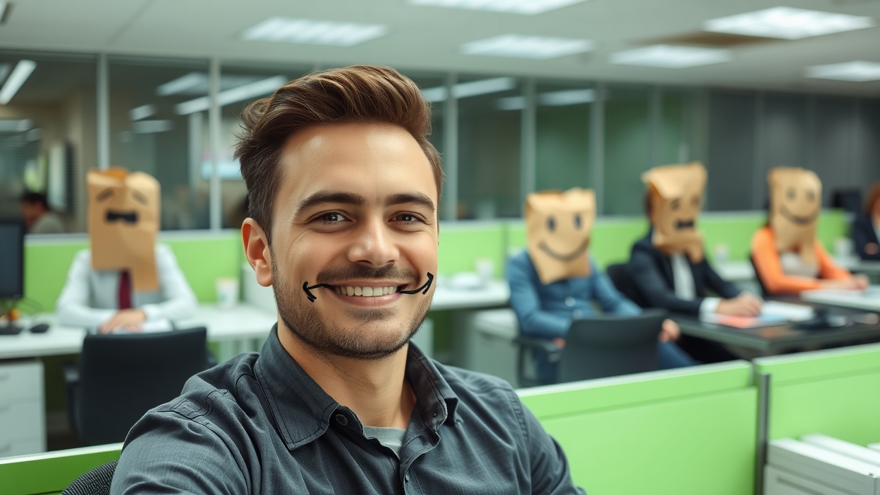 AI generated image by FLUX.1-schnell: a male person in an office on a desk with a smile. The office is colored in green at some areas. In the background are sitting 4 more persons on a  their own desks, their faces are covered with a paper bag with a funny smile written with a black pencil on it.