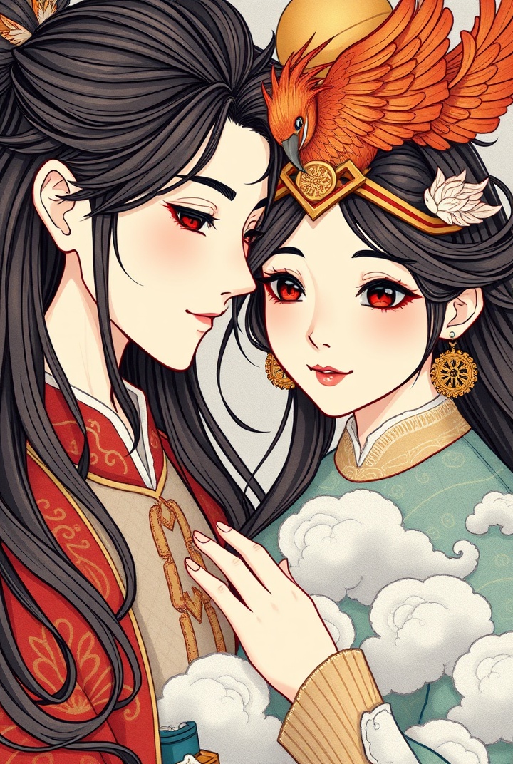 AI generated image by FLUX.1-schnell: 
A young couple in Chinese style, Long hair for boys，Phoenix crown and flowing clouds for girl, good resolution, art style by Raymond Briggs,Captured with a Canon EOS R5 and an 85mm f/1.4 lens, focusing closely on the texture.