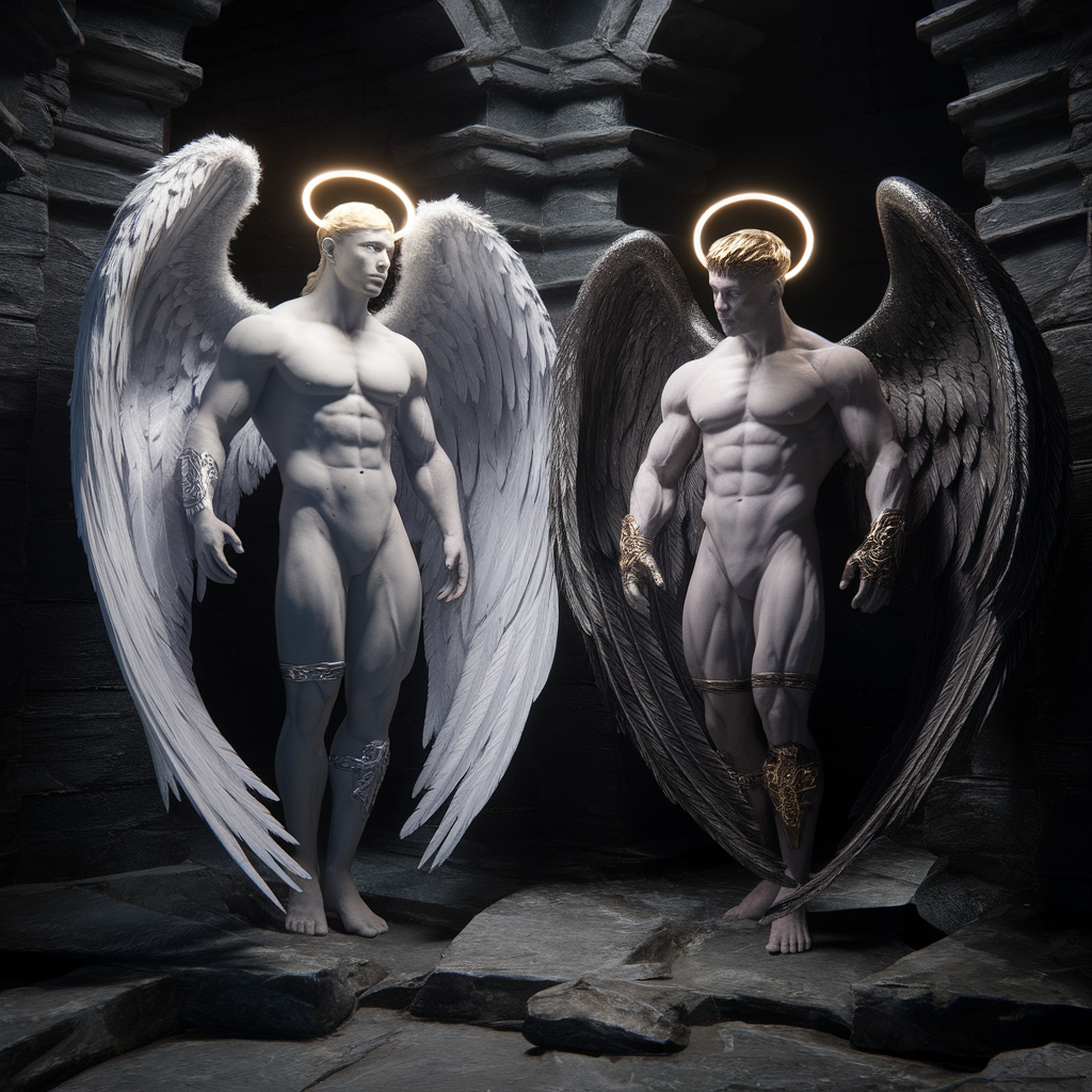 AI generated image by ideogram 2.0: A highly detailed, hyperrealistic scene featuring two muscular angelic figures in a dark, ancient stone chamber illuminated by divine light. The first angel has luminous light skin, with large, exquisitely detailed white feathered wings fully spread wide, showcasing intricate feather textures and soft iridescence. He wears a glowing golden halo radiating soft amber hues, complemented by silver arm cuffs and thigh bands that reflect ambient light, emphasizing their ornate craftsmanship. His physique is impeccably sculpted—defined, toned, with visible muscle striations in the shoulders, chest, and abdomen—exuding strength and vitality. His entire front body from shoulders to knees is uncovered, displaying lean, athletic muscles with low body fat, prominent collarbones, visible ribcage, and taut abs, all bathed in the halo's radiant glow.

The second angel presents pale skin with a contrasting dark, sleek feathered wings fully open, each feather rendered in exquisite detail with a glossy sheen. He wears a polished golden crown atop his head, shimmering with subtle reflections, along with ornate golden accessories adorning his hands and legs—arm cuffs, thigh bands, and anklets—all intricately designed. His physique mirrors the first—muscular, defined, with a focus on masculine strength, toned abs, and sculpted musculature, emphasizing health and discipline. He is also front-facing, from shoulders to knees, the muscular structure highlighted by the divine illumination. Both angels stand shoulder to shoulder, facing forward with intense, direct gazes.

The scene is set with dramatic, low-angle lighting that accentuates their muscularity and creates stark shadows across the rugged stone chamber. The divine halos cast a warm, golden glow that contrasts sharply against the darkness, illuminating the warriors and the textured stone walls—rough, weathered, ancient. The composition is framed wide-angle to emphasize the grandeur and majesty of the figures against the shadowy environment, with shallow depth of field drawing focus sharply on the angels, their detailed feather wings, and radiant halos.

Rendered in a photorealistic style with 8K ultra-detailed quality, utilizing studio lighting effects to produce crisp contours and luminous highlights. The overall aesthetic is intense and divine, with a surreal, ethereal atmosphere—dreamlike yet vividly real—evoking a sense of sacred strength and celestial power. Visual textures include soft feather details, gleaming metallic accessories, and the radiant glow from halos, captured with a combination of chiaroscuro lighting and a warm, harmonious color palette emphasizing gold, white, black, and subtle metallic reflections. Use an oil painting effect with thick, vibrant impasto strokes for added depth and tactile richness, ensuring a highly detailed, commanding image.