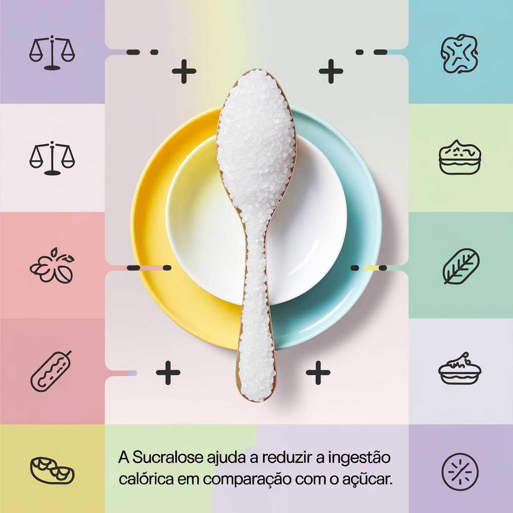 AI generated image by ideogram 2.0: A simple, colorful square image featuring a spoon with white crystalline sucralose against a soft background, symbolizing calorie control. Surrounding the spoon are icons of a balanced scale and food symbols to represent dietary balance and calorie reduction. Bright, friendly colors with a modern, minimalist design to draw attention on social media. Write the text "A sucralose ajuda a reduzir a ingestão calórica em comparação com o açúcar." at the bottom using arial font 46 in black.