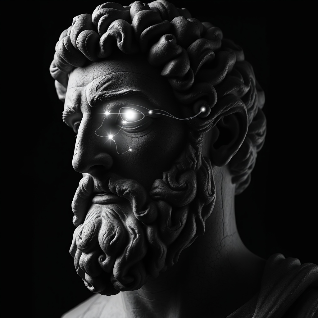 AI generated image by FLUX.1-schnell: The image portrays a striking depiction of a historical stone-carved bust of a man, reminiscent of classical representations such as Marcus Aurelius. The figure is rendered entirely in monochromatic black and white tones, emphasizing the texture of the chiseled stone with its fine cracks, weathered grooves, and intricate details. looking to the side

The man’s facial features exude an aura of dignity and contemplation: a pronounced chin, voluminous, curly hair, and a dense, meticulously carved beard. However, the most captivating feature is his eyes. Instead of lifeless stone, they emit a dazzling, otherworldly white light.

This light appears to flow like liquid, slowly spilling from the eyes and tracing delicate, almost organic paths down the statue’s face. These glowing streams seem to leave faint trails, as if the light itself is transforming or "animating" the stone. The radiant lines stand in sharp contrast to the deep shadows carved into the crevices and folds of the face, accentuating the sculpture’s dramatic contours.

The overall atmosphere of the image is mystical and timeless, as if the man—symbolizing wisdom and power—has emerged from eternity to convey a profound message. The stark black-and-white palette adds a sense of gravity and symbolism, while the flowing light from the eyes imbues the image with a surreal, almost divine quality.
