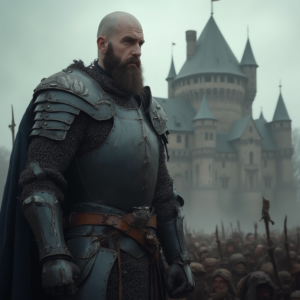 AI generated image by FLUX-Realism-Lora: A strong knight in his dark armor. The knight is tall and bald 40 years old. Standing on a battlefield, big medieval castle behind him, full body, dramatic, no beard