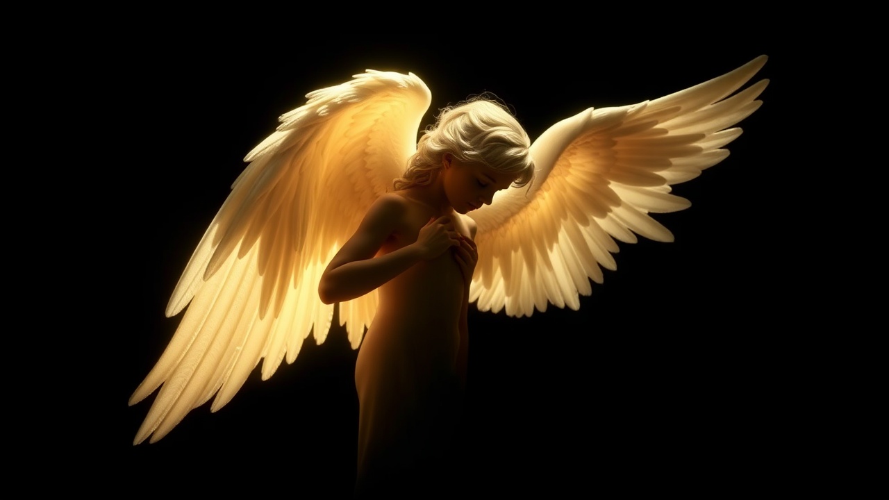 AI generated image by FLUX.1-schnell: a angel on black background... mystical, etheral, heavenly, whole angel is in the image , nothing is out of frame... the angel is oriented sideways and looks down, glowing, heavenly light