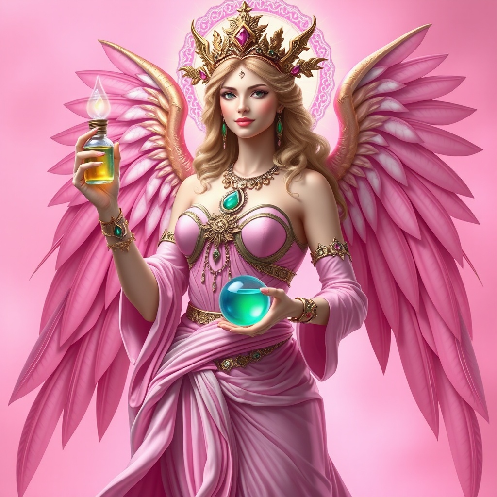 AI generated image by FLUX.1-schnell: A beautiful goddess of health, pink color scheme, holding health potion, elegant, fantasy, full body, detailed