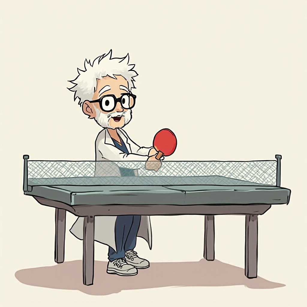 AI generated image by FLUX-Realism-Lora: solo, playing pingpong, smile, short hair, 1boy, standing, half_body, white shirt, white hair, male focus, open clothes, shoes, glasses, chibi, facial hair, beard, mustache, labcoat, old, old man