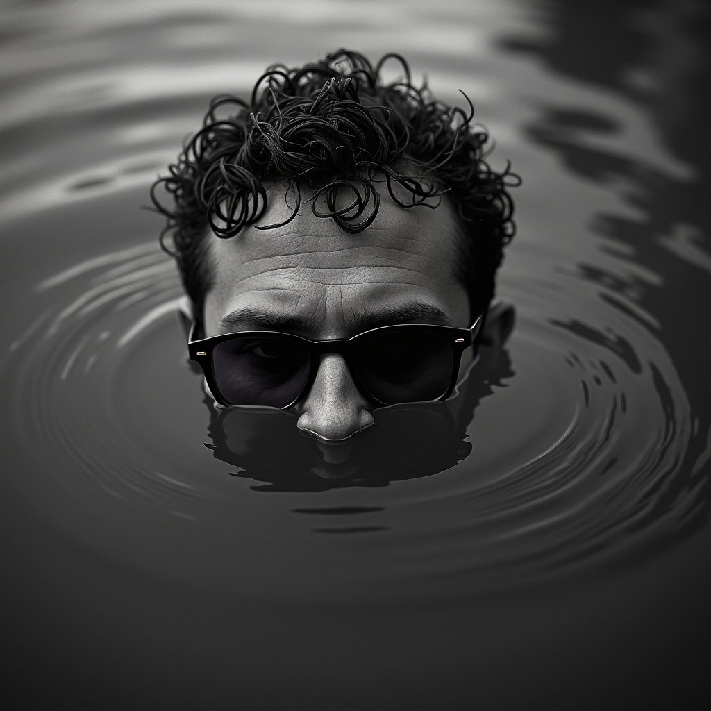 AI generated image by FLUX.1-image-to-image: A black and white photo of a man's head just above dark water, sunglasses partially submerged. The camera is low, parallel to the water