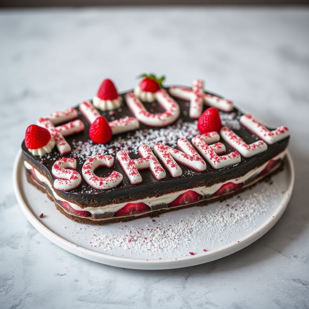 AI generated image by FLUX.1-schnell: black forest gateau cake spelling out the words "FLUX SCHNELL", tasty, food photography, dynamic shot