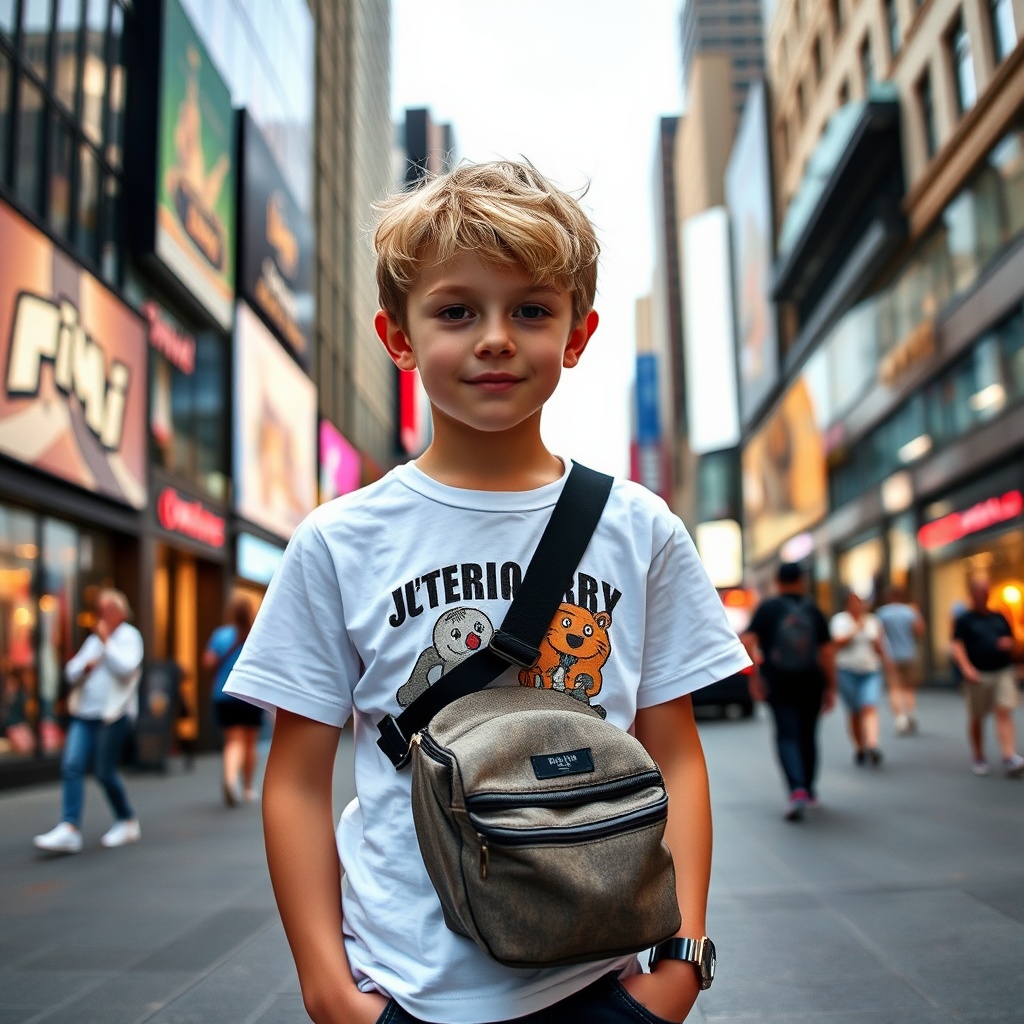 AI generated image by FLUX.1-schnell: garçon blond de huit ans en tee shirt avec un sac à dos sur time square
