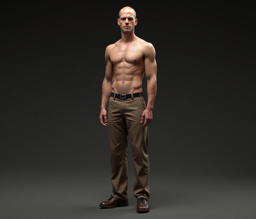 AI generated image by FLUX.1-image-to-image: make this body photo realistic skin line pores small bumps clothes with realistic fabric material glossy shoes 