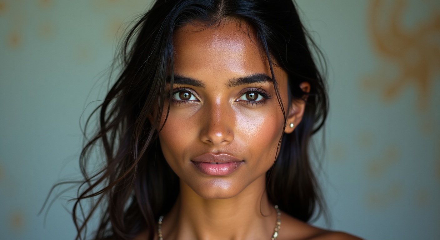 AI generated image by FLUX.1-image-to-image: A realistic portrait of Rose 25-year-old divine and beautiful Indian woman. She has a radiant, natural glow, with wet, sweaty skin that enhances her striking features Herdaexpressive eyes and flowing slightly damp hair frame her face elegantly. She poses in a standard, graceful stance, exuding confidence and charm. The background is soft and blurred, emphasizing her presence