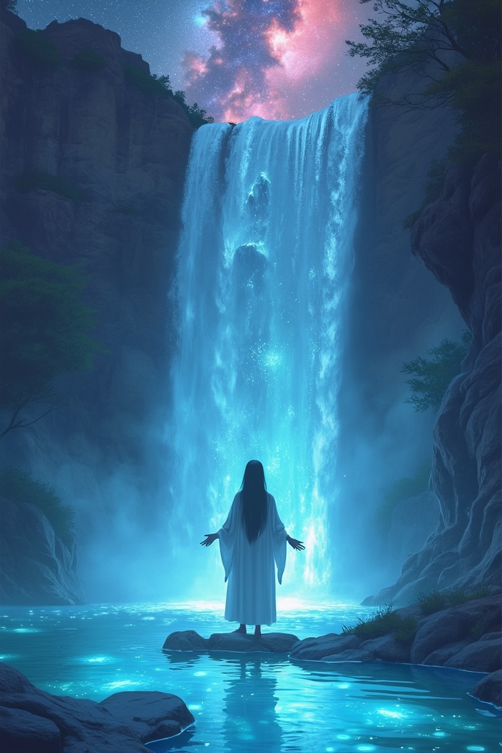 AI generated image by FLUX.1-pro: Imagine a lone figure standing at the edge of a bioluminescent waterfall, their silhouette outlined by the glowing water. The waterfall flows into a crystal-clear pool reflecting a sky filled with swirling, colorful nebulae. They are wearing simple, flowing white robes, and their hands are gently outstretched as if connecting with the ethereal energy of the scene. Render this in a style that blends fantasy and realism, with a focus on ethereal lighting and a sense of peaceful solitude