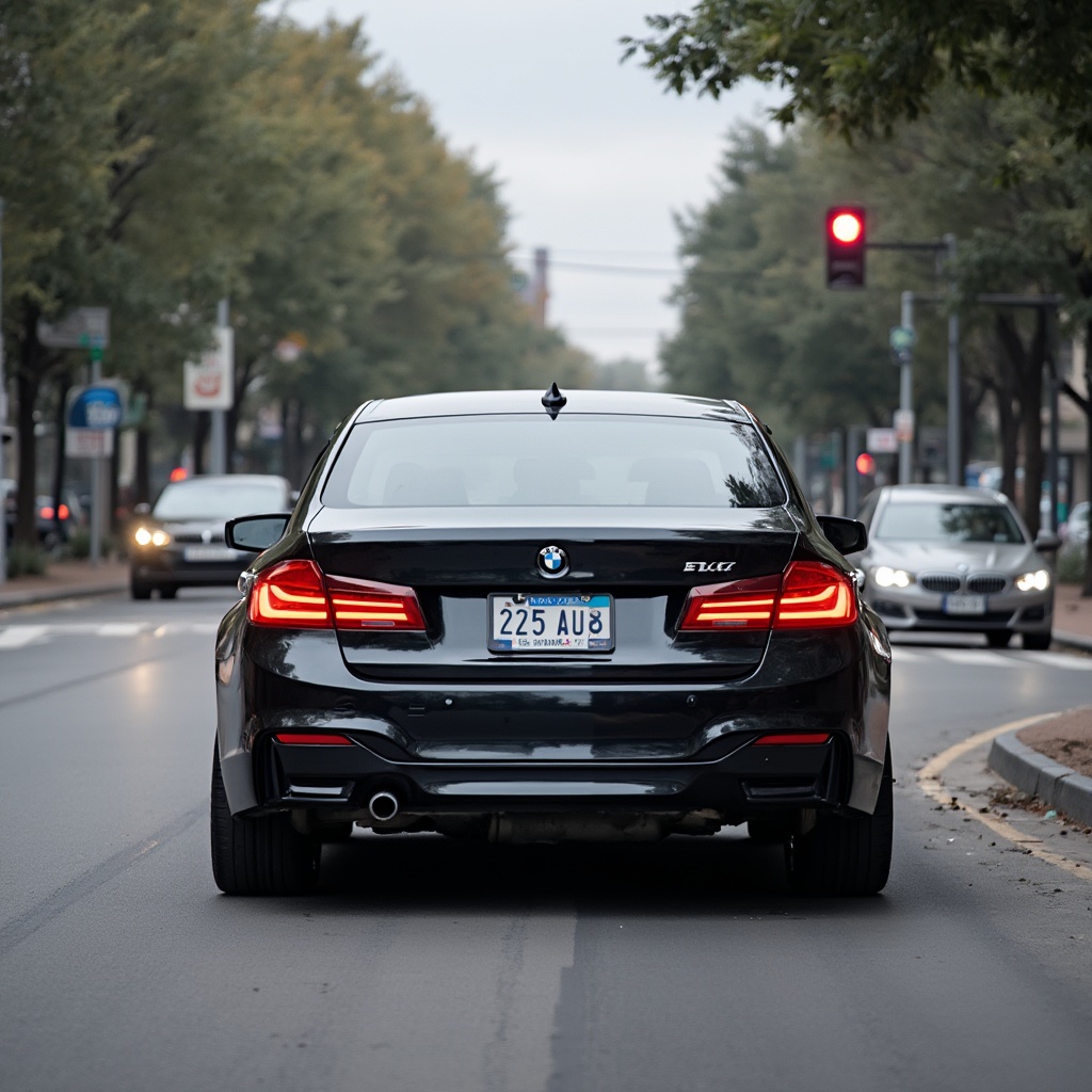 AI generated image by FLUX-Realism-Lora: A BMW car was waiting for the red light at the intersection. The license plate number was "235 AU8".