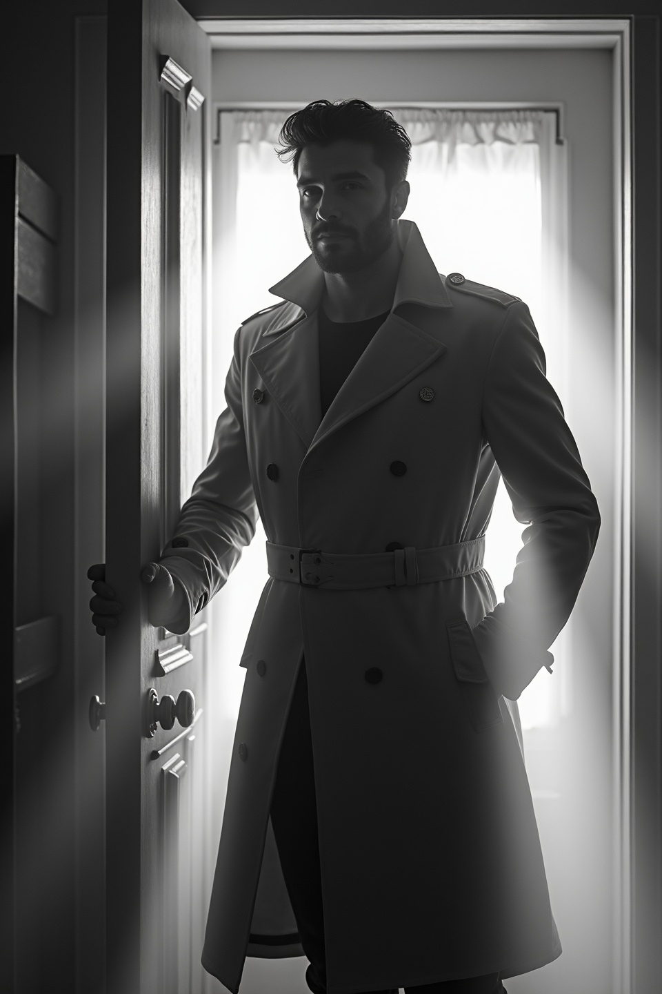 AI generated image by FLUX.1-image-to-image: black-and-white photo with the backlit dark silhouette of a handsome broad-shouldered man in a trench coat standing in a doorway coming and looking to camera. 
The man holding the door, as if he just entered the room. God rays. Backlight 