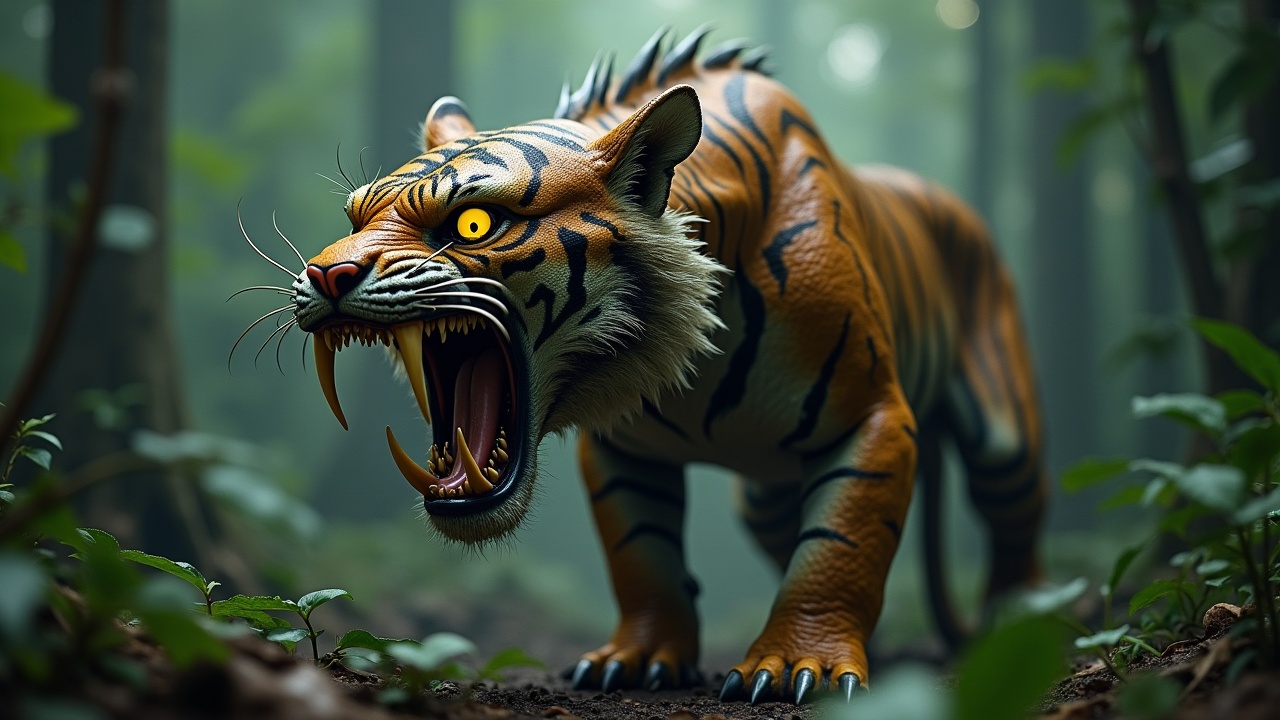 AI generated image by FLUX.1: "A fearsome tiger fused with a Komodo dragon, scaly hide, long forked tongue, venomous bite, razor-sharp claws, prowling in a dense jungle, glowing yellow eyes, extremely detailed, ultra-realistic, intense atmosphere, highly cinematic"
